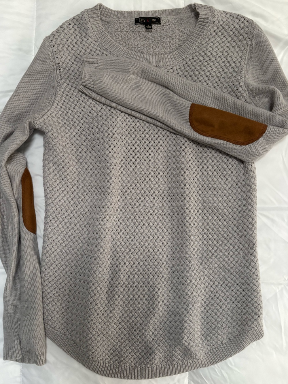 Light Gray Crewneck Sweater with Brown Elbow Patches -
